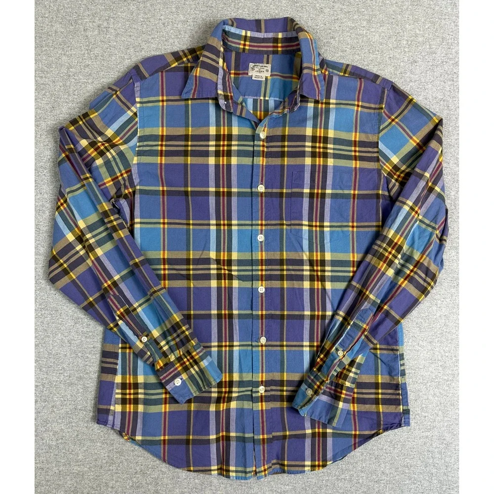 J Crew Shirt Mens M Summer Plaid Tailored Fit‎ Blue Purple Yellow Cotton